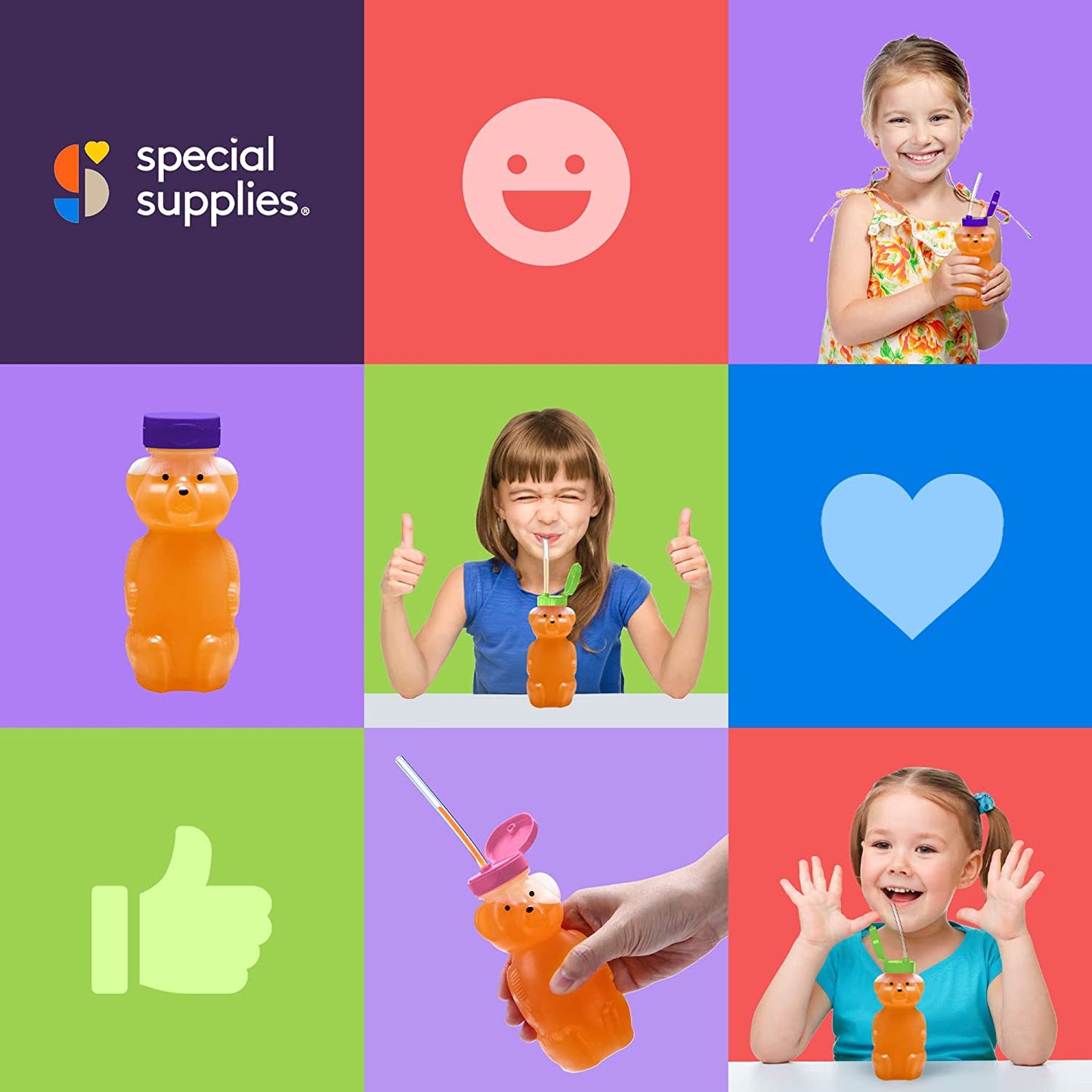 Juice Bear Squeezable Drink Cups (3-Pack) – Assistive Straw Bottles for Kids & Adults with Special Needs