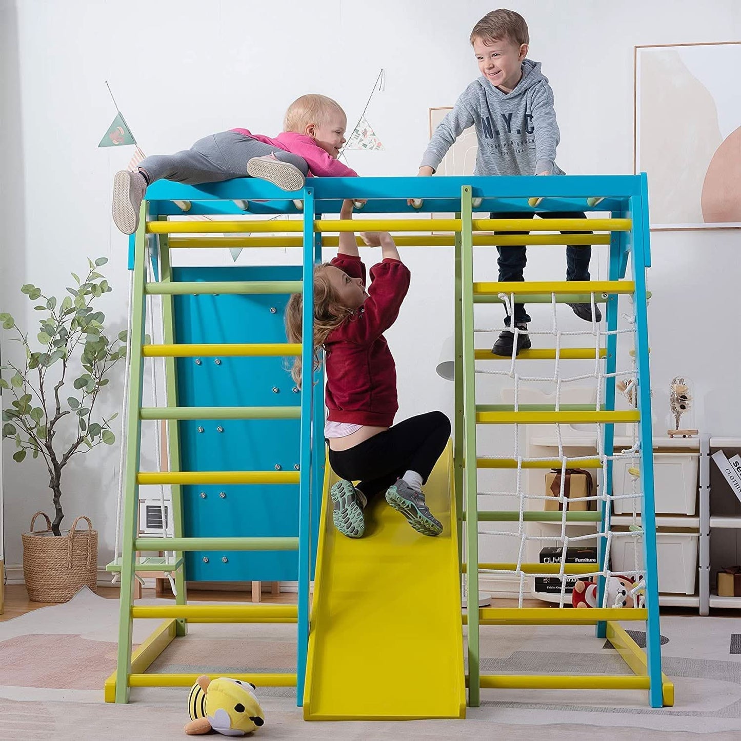 Avenlur Magnolia 7-in-1 Indoor Wooden Playset | Montessori Climbing Gym for Kids | Slide, Monkey Bars, Rope Ladder, Swing & More