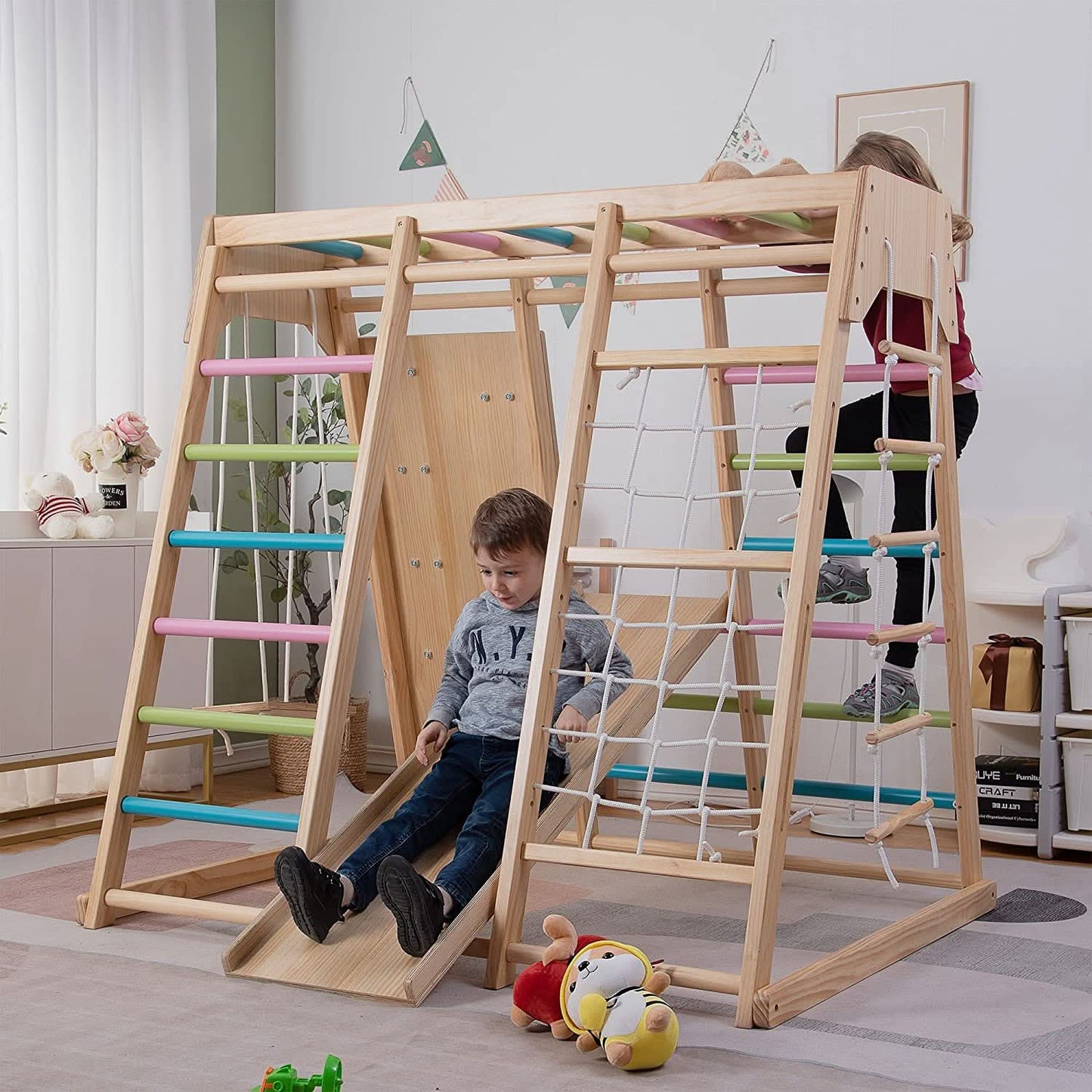 Avenlur Magnolia 7-in-1 Indoor Wooden Playset | Montessori Climbing Gym for Kids | Slide, Monkey Bars, Rope Ladder, Swing & More