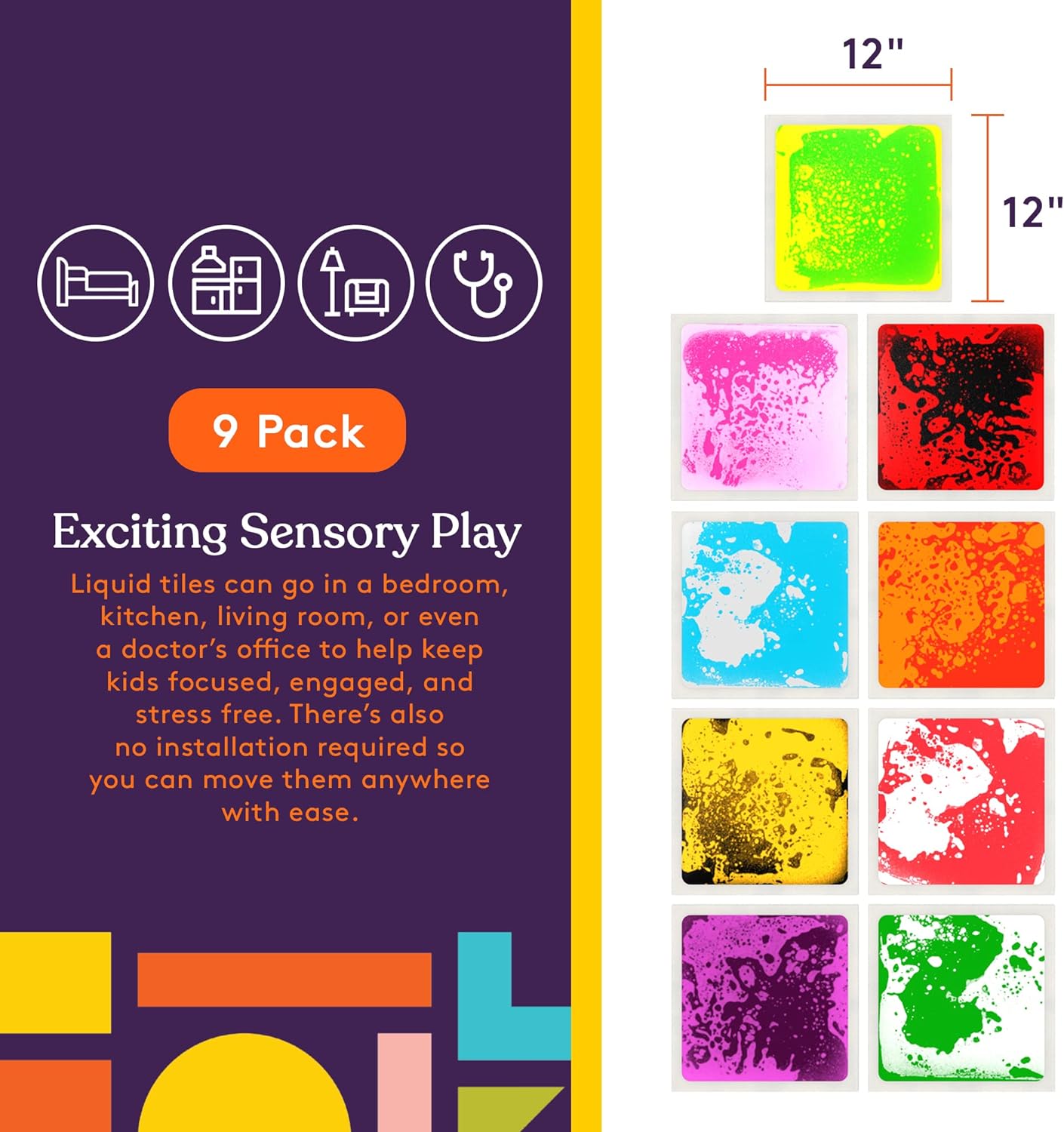 Special Supplies Square Liquid Floor Tiles – 9-Piece Sensory Stepping Tile Set