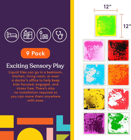 Special Supplies Square Liquid Floor Tiles – 9-Piece Sensory Stepping Tile Set