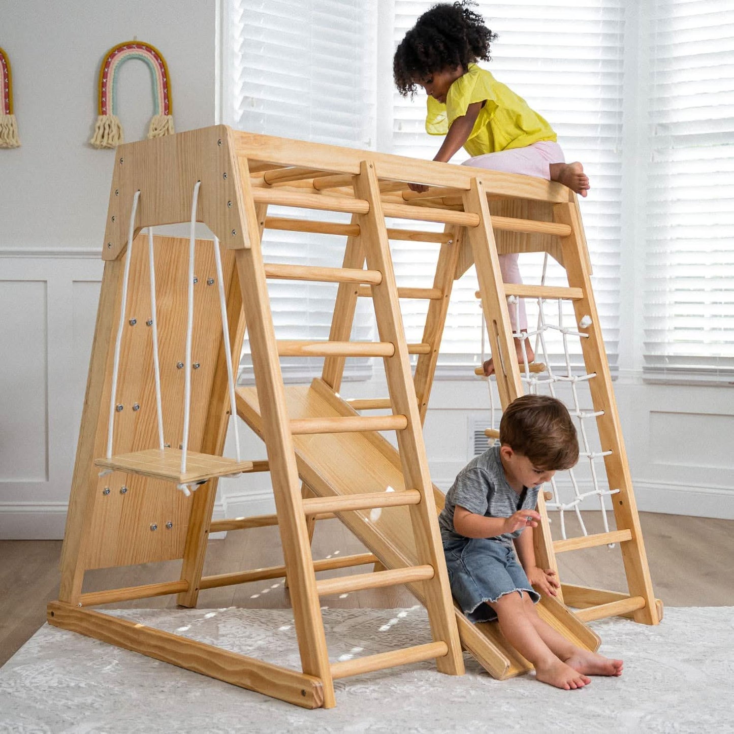 Avenlur Magnolia 7-in-1 Indoor Wooden Playset | Montessori Climbing Gym for Kids | Slide, Monkey Bars, Rope Ladder, Swing & More