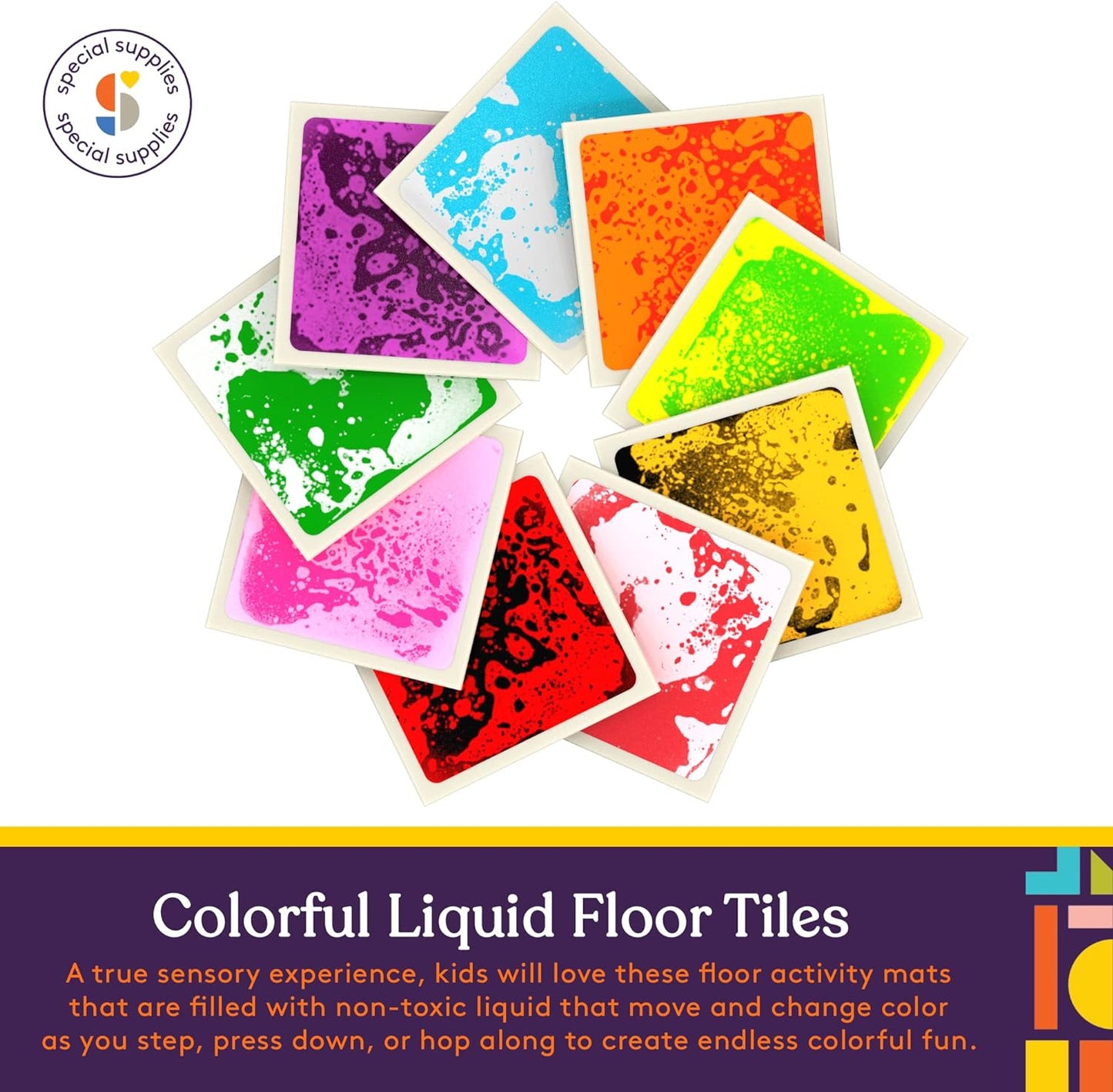 Special Supplies Square Liquid Floor Tiles – 9-Piece Sensory Stepping Tile Set