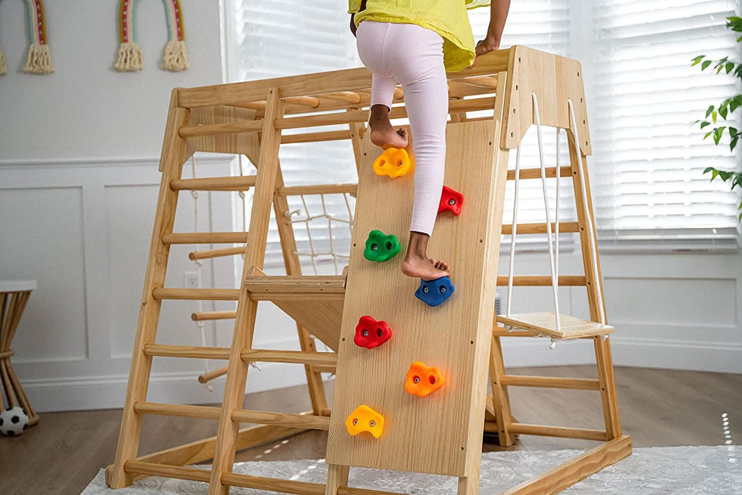 Avenlur Magnolia 7-in-1 Indoor Wooden Playset | Montessori Climbing Gym for Kids | Slide, Monkey Bars, Rope Ladder, Swing & More