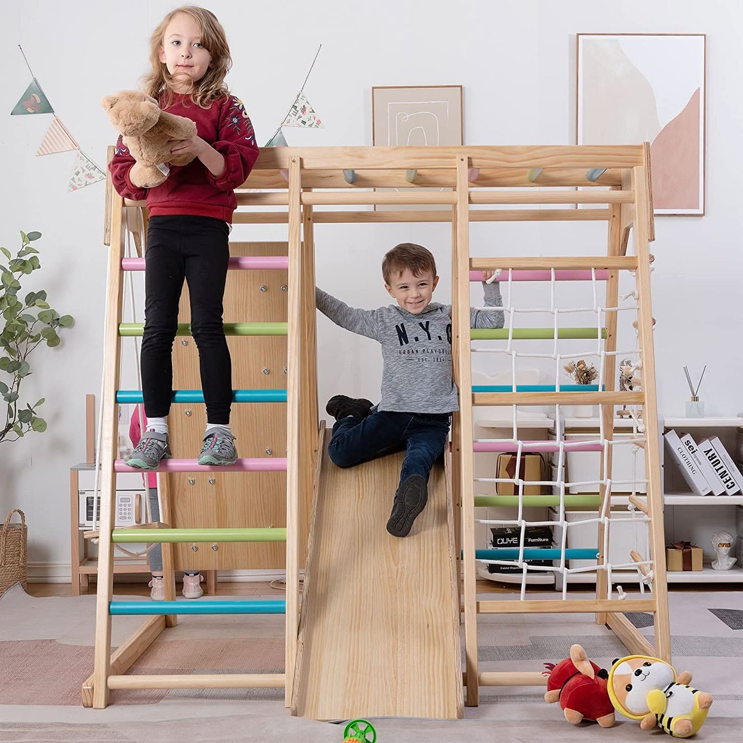 Avenlur Magnolia 7-in-1 Indoor Wooden Playset | Montessori Climbing Gym for Kids | Slide, Monkey Bars, Rope Ladder, Swing & More