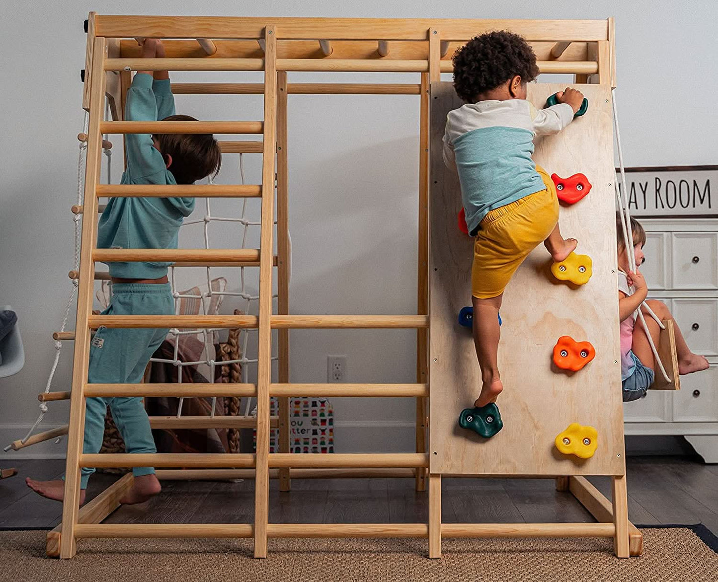 Avenlur Magnolia 7-in-1 Indoor Wooden Playset | Montessori Climbing Gym for Kids | Slide, Monkey Bars, Rope Ladder, Swing & More