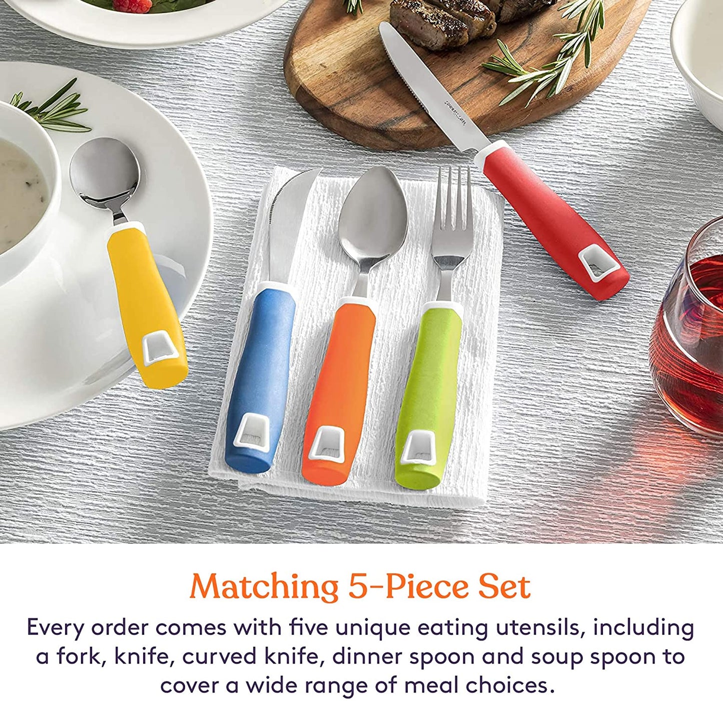 Special Supplies Adaptive Utensils Set (5-Piece) – Non-Slip Wide Grip Silverware for Tremors, Arthritis, Parkinson’s, and Low Hand Strength - Rainbow Colors