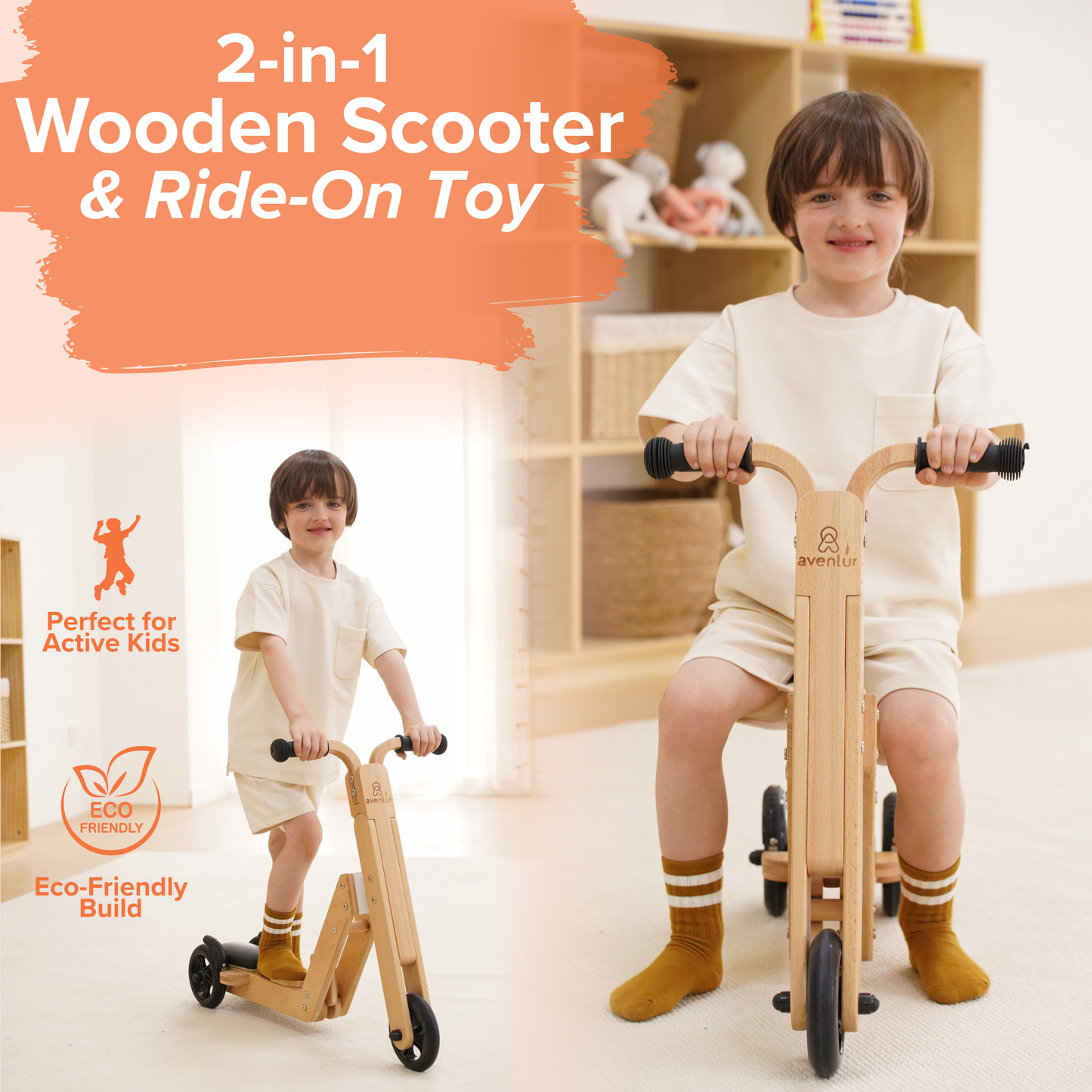 Avenlur Juneberry 2-in-1 Convertible Scooter and Ride-On Bike – Wooden Toddler Balance Toy for Ages 2–5