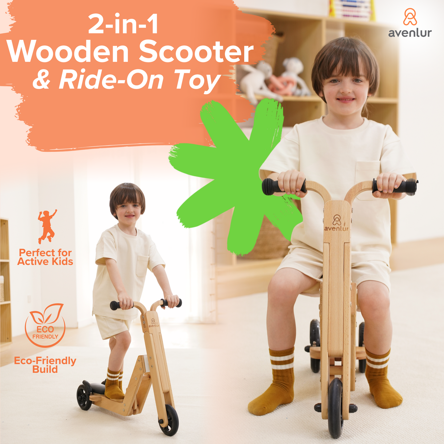 Avenlur Juneberry 2-in-1 Convertible Scooter and Ride-On Bike – Wooden Toddler Balance Toy for Ages 2–5