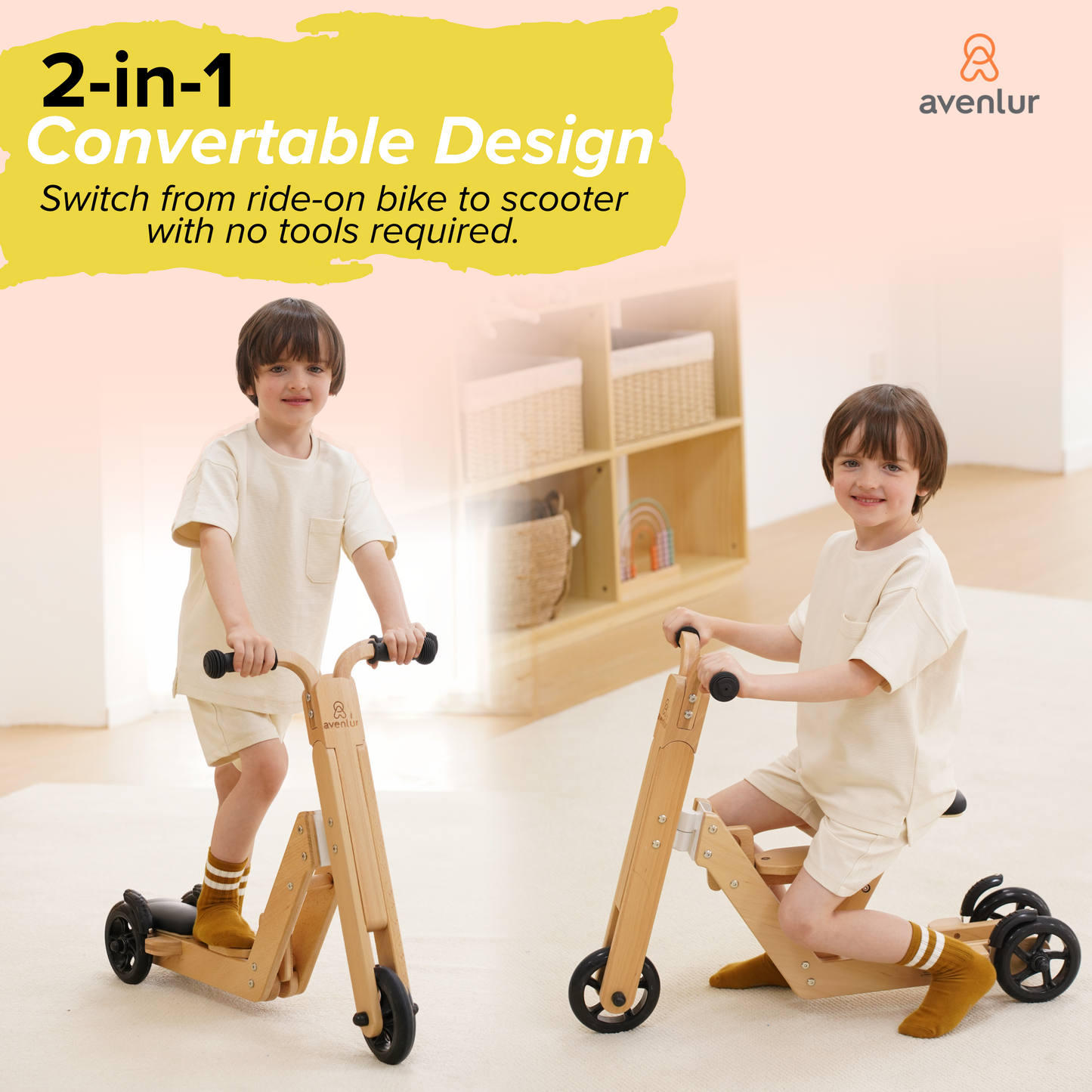 Avenlur Juneberry 2-in-1 Convertible Scooter and Ride-On Bike – Wooden Toddler Balance Toy for Ages 2–5