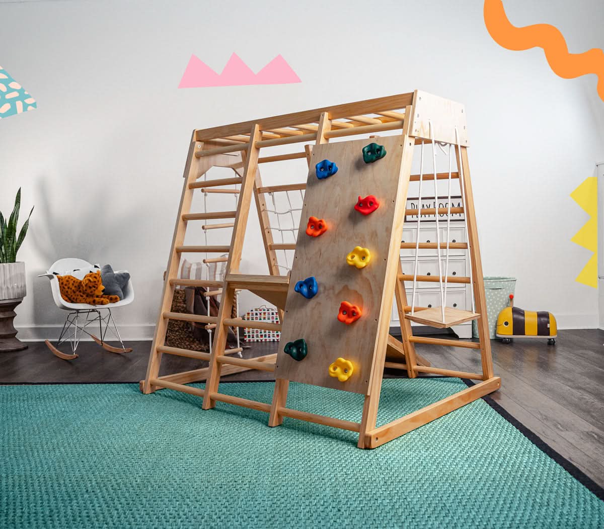 Avenlur Magnolia 7-in-1 Indoor Wooden Playset | Montessori Climbing Gym for Kids | Slide, Monkey Bars, Rope Ladder, Swing & More