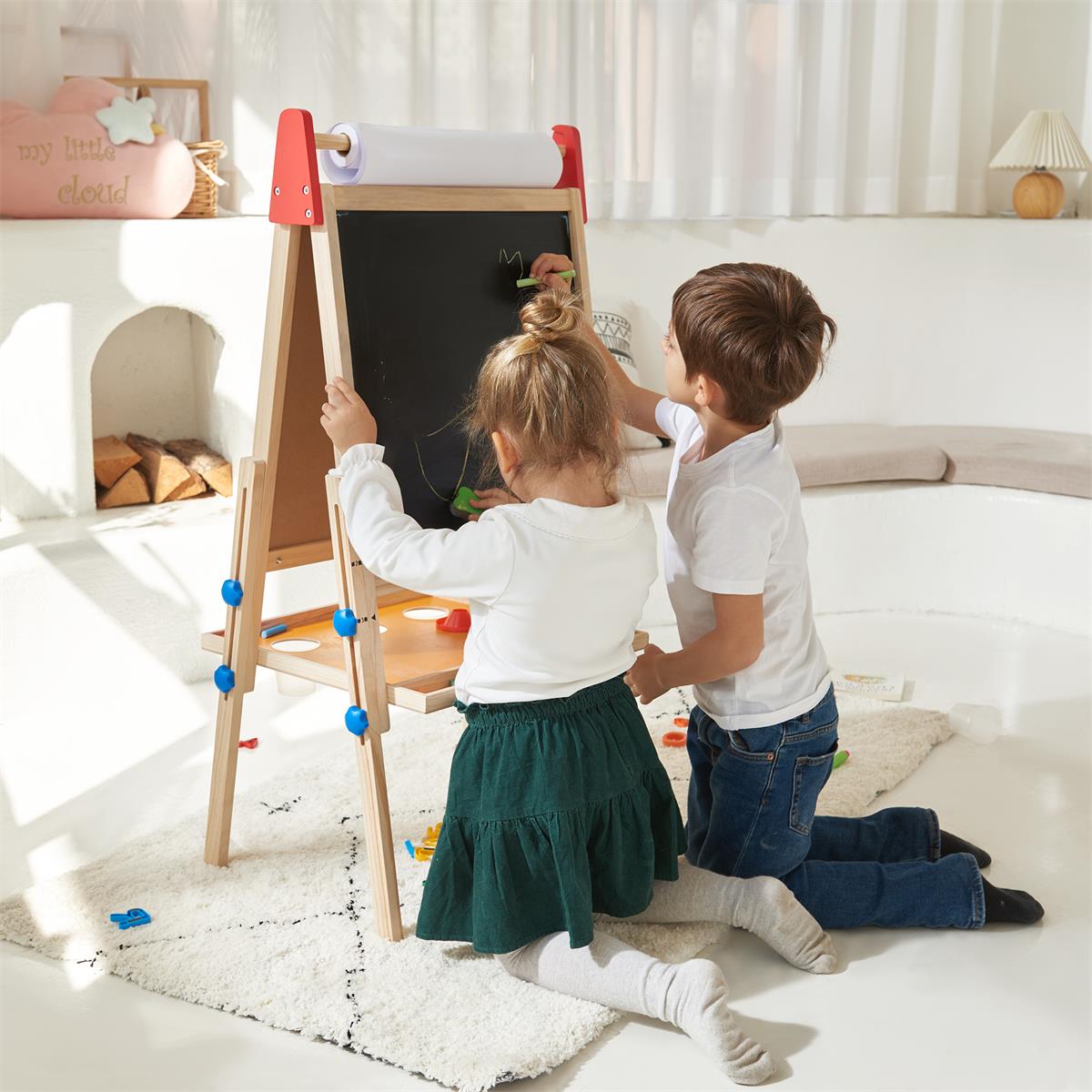 Tiny Land® Wooden Kids Drawing Easel – Double-Sided Chalkboard & Whiteboard with Paper Roll