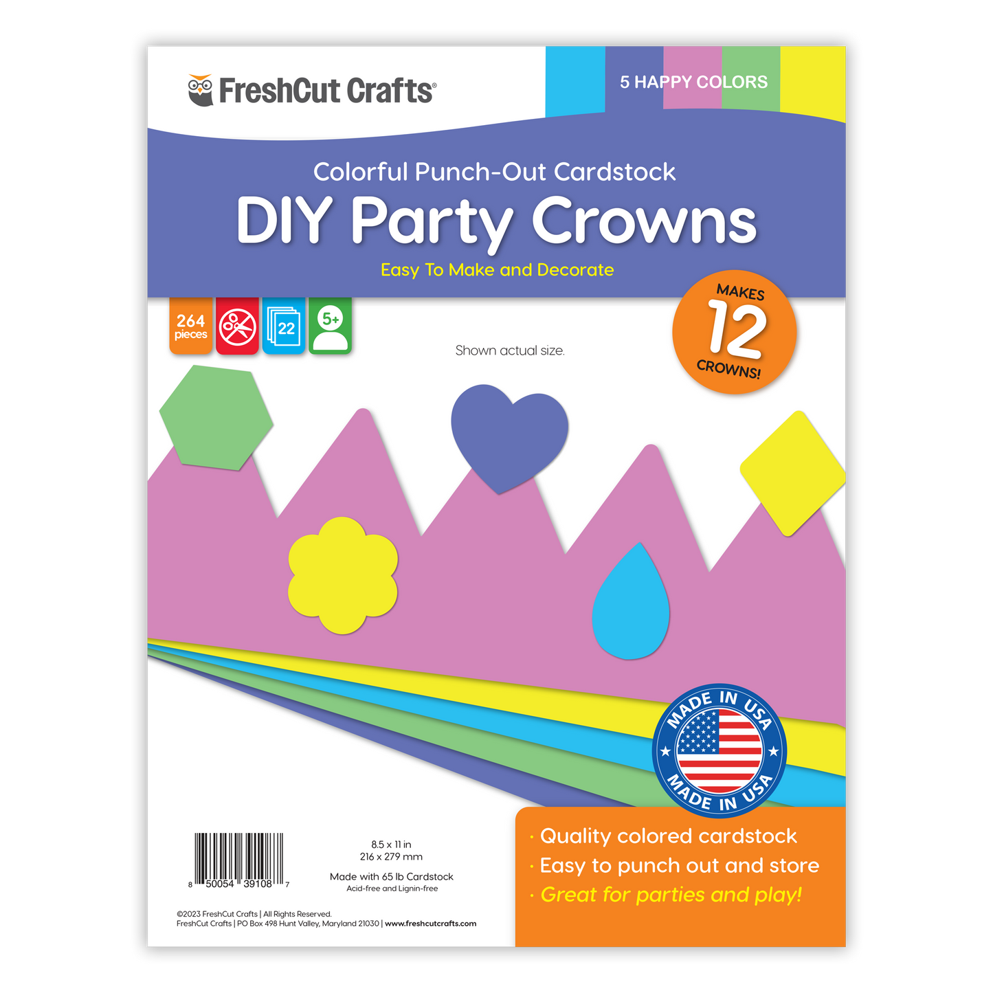 FreshCut Crafts DIY Party Crown Kit – Happy Colors, 12 Crowns & 200+ Decorations