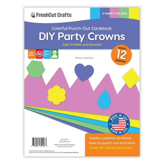 FreshCut Crafts DIY Party Crown Kit – Happy Colors, 12 Crowns & 200+ Decorations