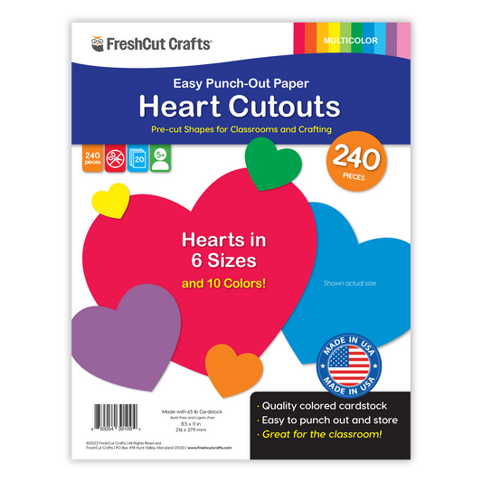 FreshCut Crafts Heart Cutouts – 240 Punch-Out Hearts in Rainbow Colors, 6 Sizes