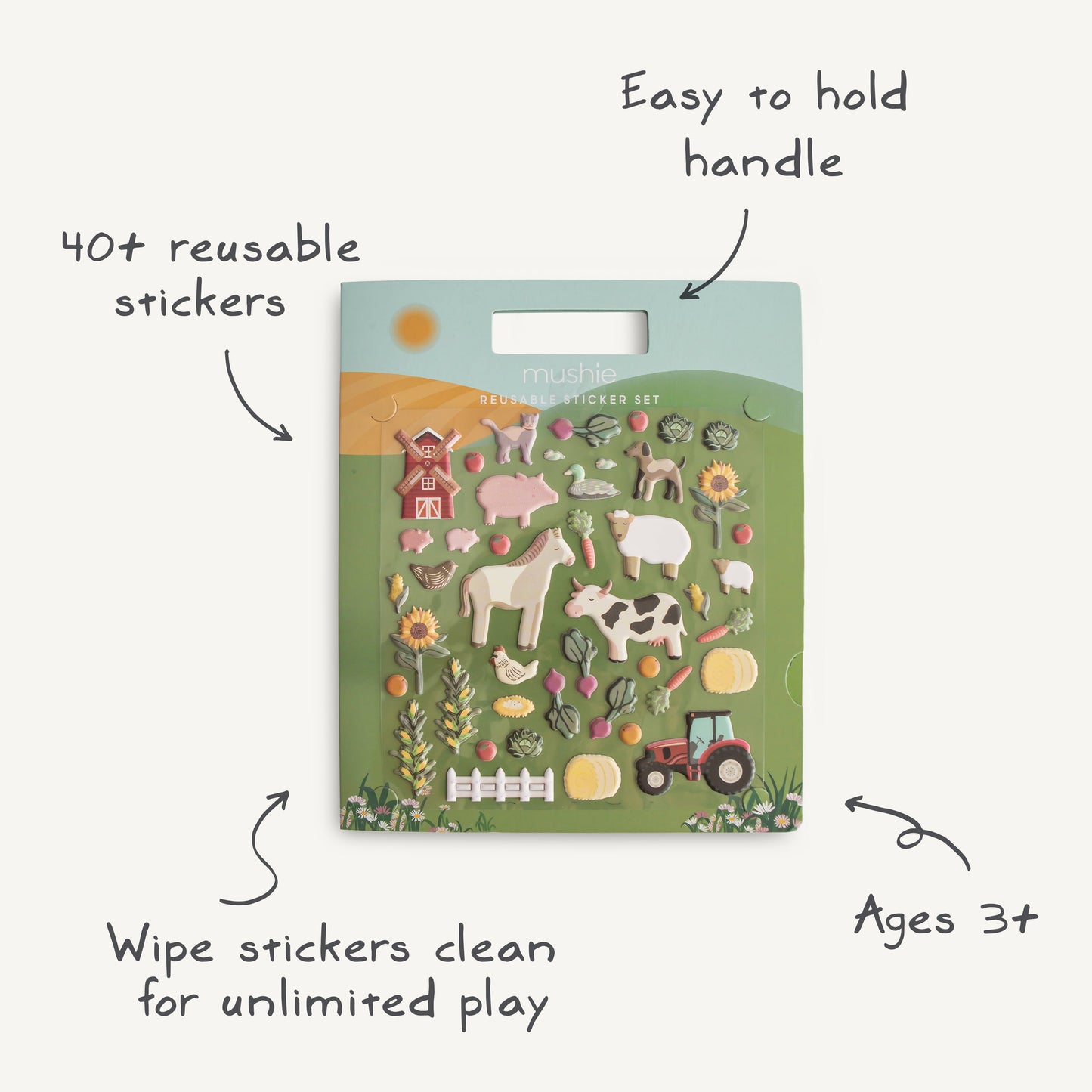 Mushie Reusable Puffy Sticker Book – Farm Friends Play Scene