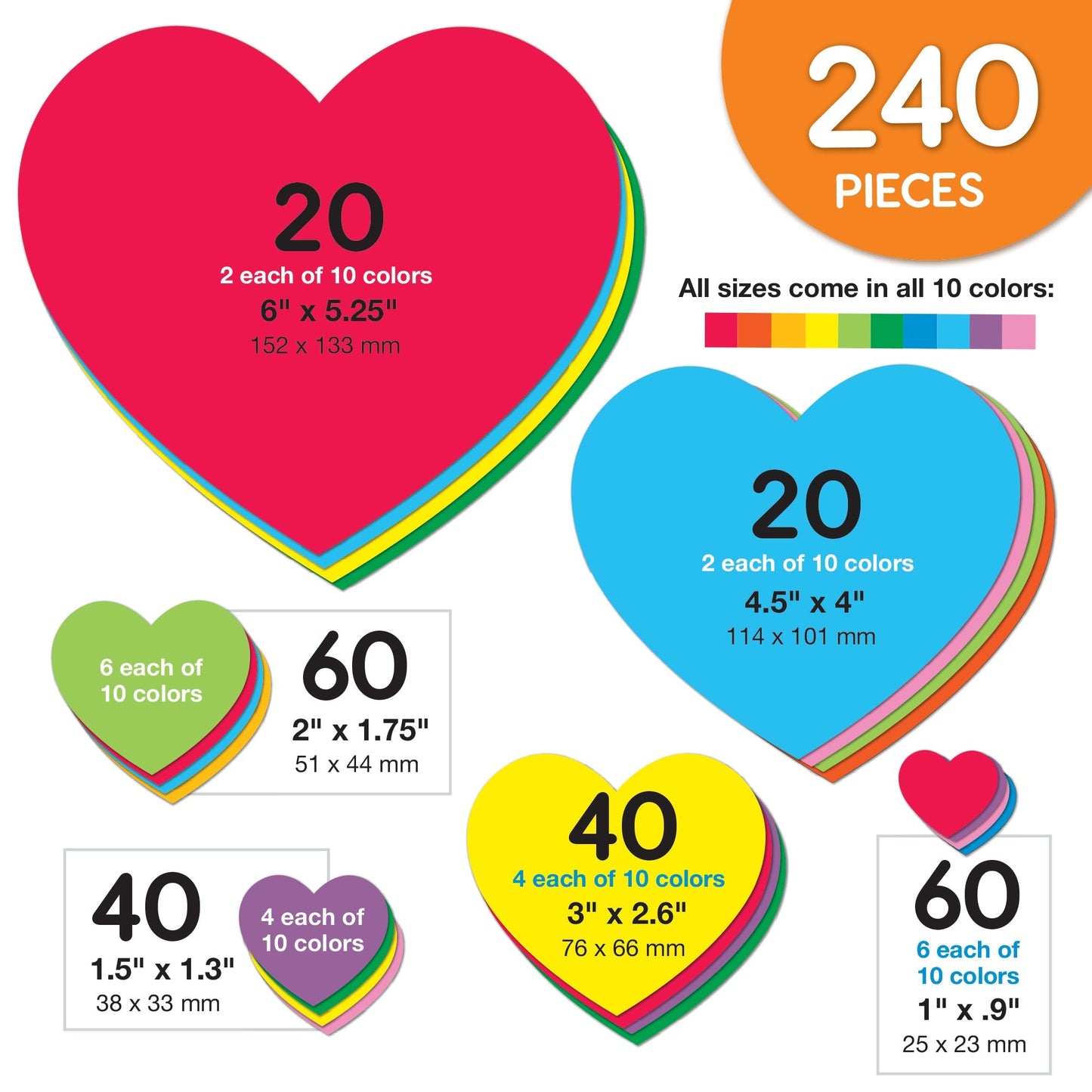 FreshCut Crafts Heart Cutouts – 240 Punch-Out Hearts in Rainbow Colors, 6 Sizes