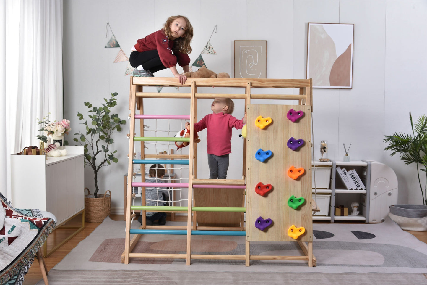 Avenlur Magnolia 7-in-1 Indoor Wooden Playset | Montessori Climbing Gym for Kids | Slide, Monkey Bars, Rope Ladder, Swing & More