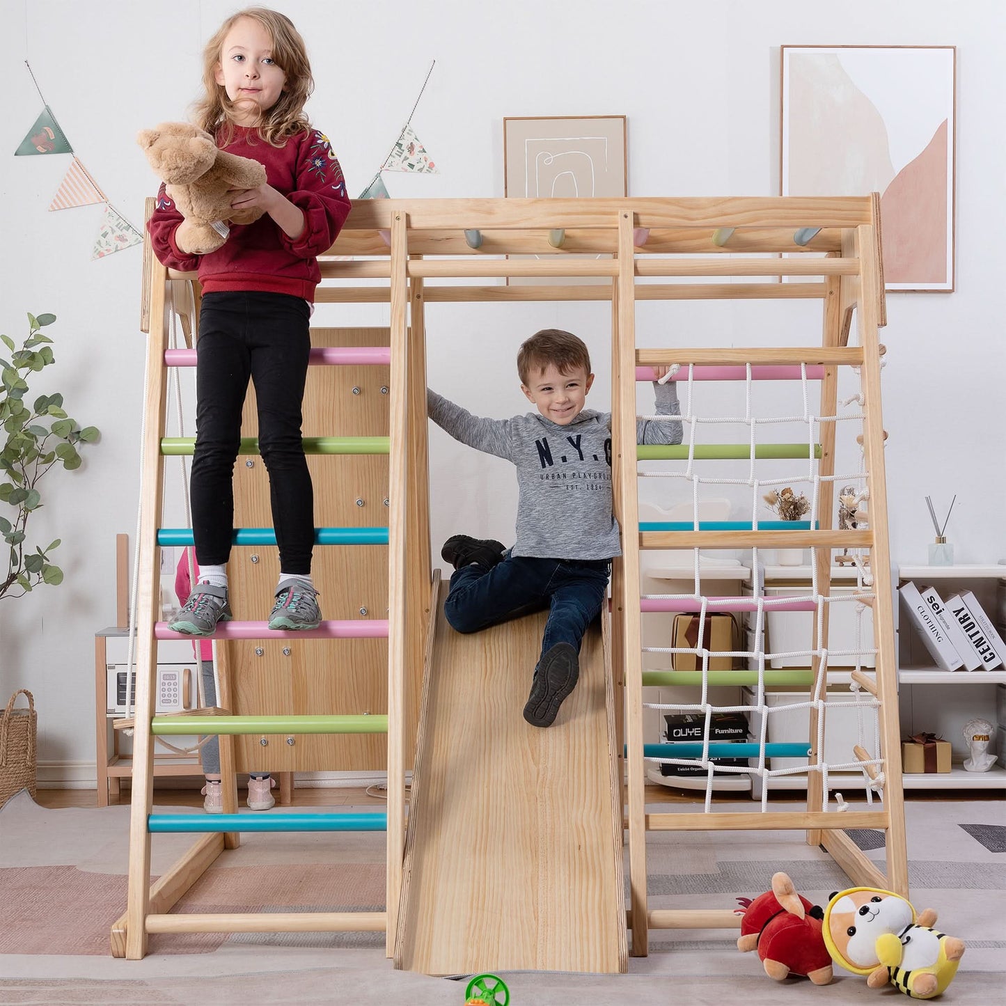 Avenlur Magnolia 7-in-1 Indoor Wooden Playset | Montessori Climbing Gym for Kids | Slide, Monkey Bars, Rope Ladder, Swing & More