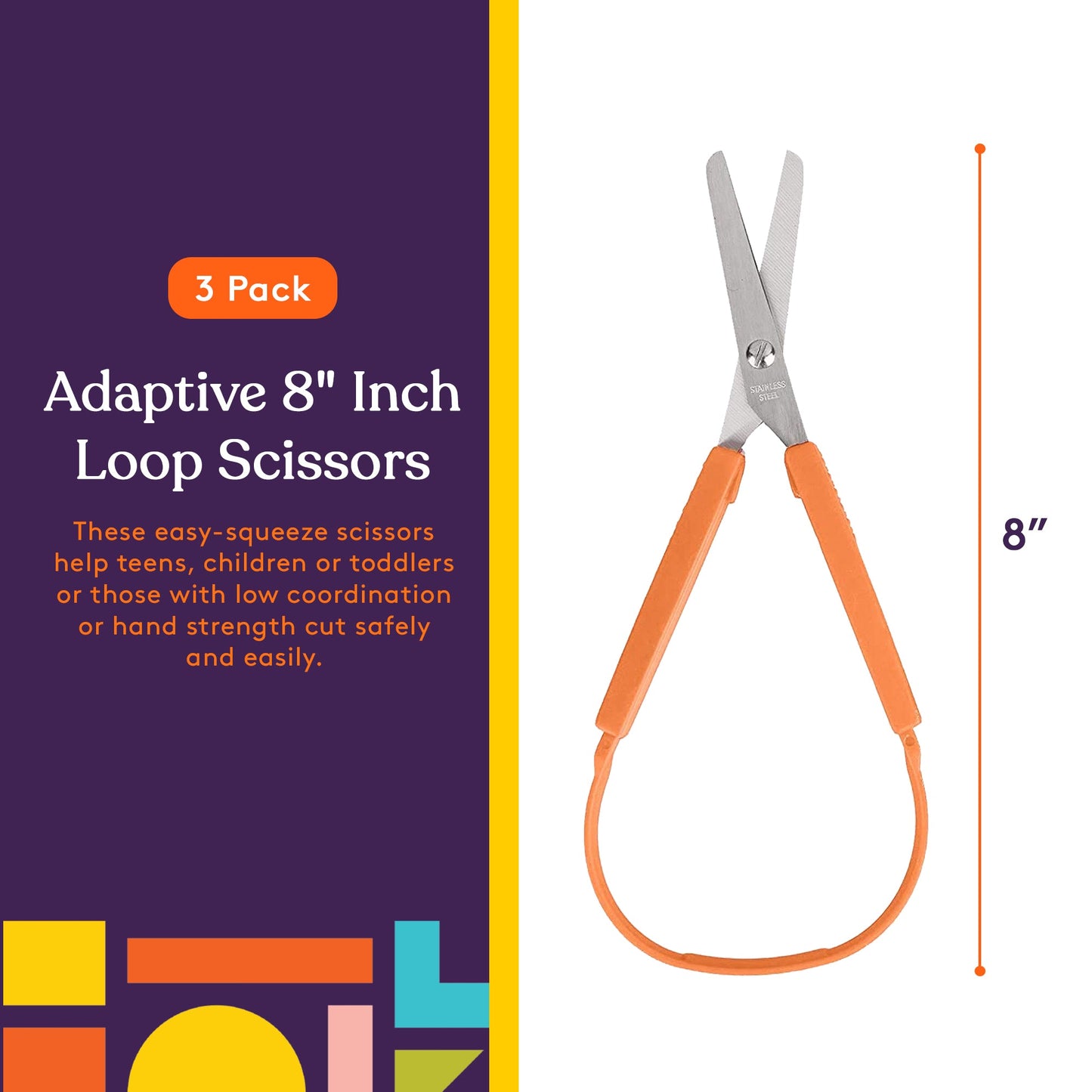 Special Supplies Large Loop Scissors for Kids and Adults 8" Inches (3-Pack)