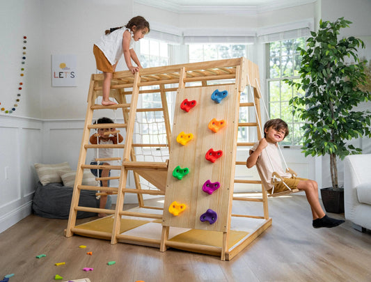 Avenlur Magnolia 7-in-1 Indoor Wooden Playset | Montessori Climbing Gym for Kids | Slide, Monkey Bars, Rope Ladder, Swing & More
