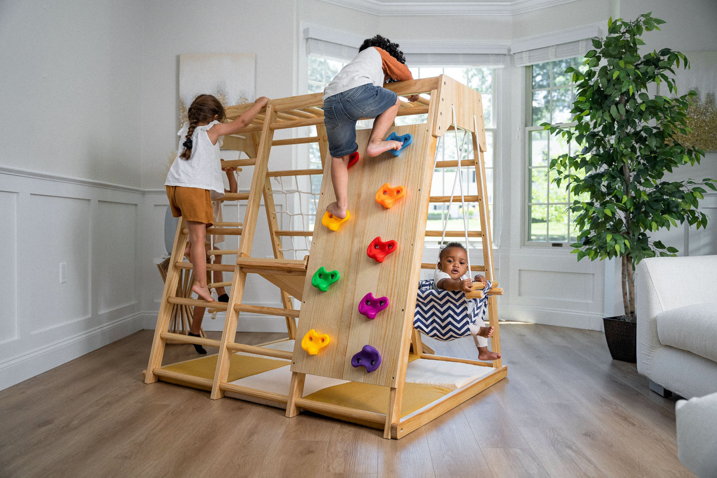 Avenlur Magnolia 7-in-1 Indoor Wooden Playset | Montessori Climbing Gym for Kids | Slide, Monkey Bars, Rope Ladder, Swing & More