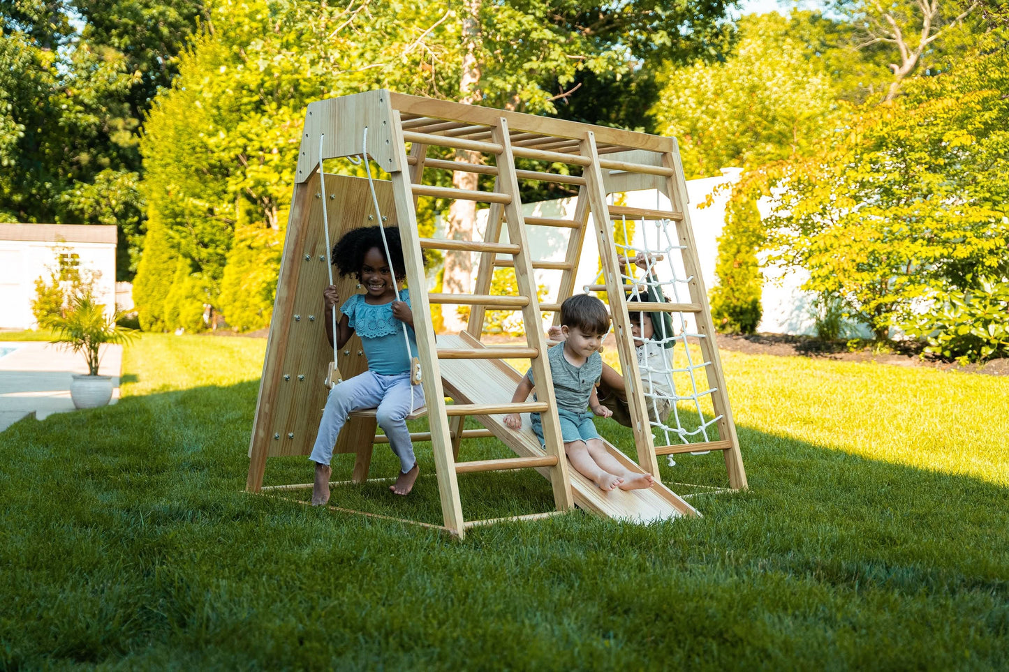 Avenlur Magnolia 7-in-1 Indoor Wooden Playset | Montessori Climbing Gym for Kids | Slide, Monkey Bars, Rope Ladder, Swing & More