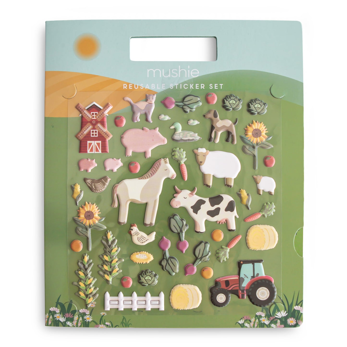 Mushie Reusable Puffy Sticker Book – Farm Friends Play Scene
