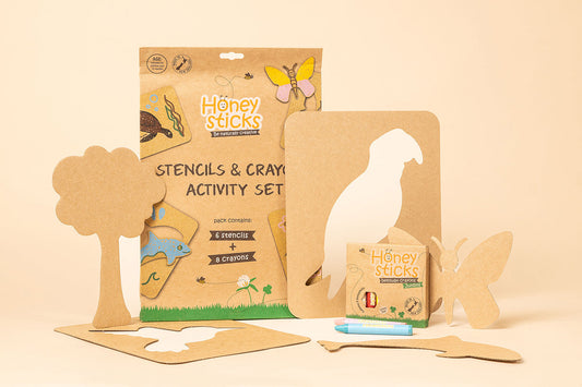 Honeysticks Activity Set with Mega Stencils and Pure Beeswax Crayons – Eco-Friendly Creative Gift for Kids