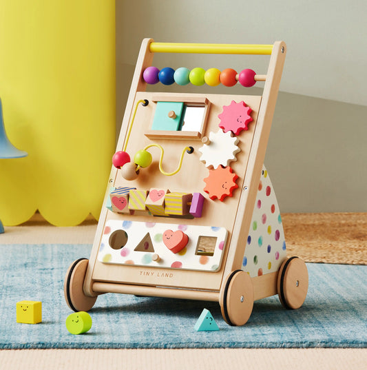 Tiny Land® Premium Rainbow Wooden Baby Walker – Adjustable Push Toy for First Steps & Learning Play