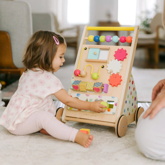 Tiny Land® Premium Rainbow Wooden Baby Walker – Adjustable Push Toy for First Steps & Learning Play
