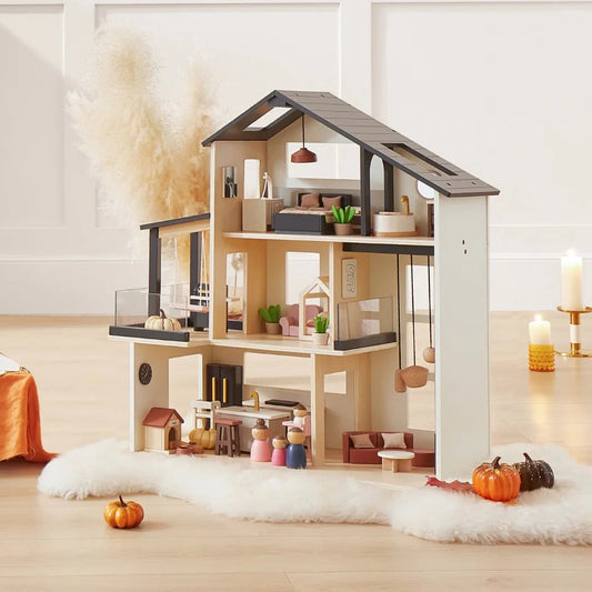 Tiny Land® Sweetwood Edge Modern Family Wooden Dollhouse – Contemporary Design with Furniture & Figures