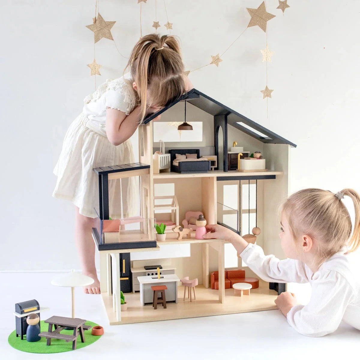 Tiny Land® Sweetwood Edge Modern Family Wooden Dollhouse – Contemporary Design with Furniture & Figures
