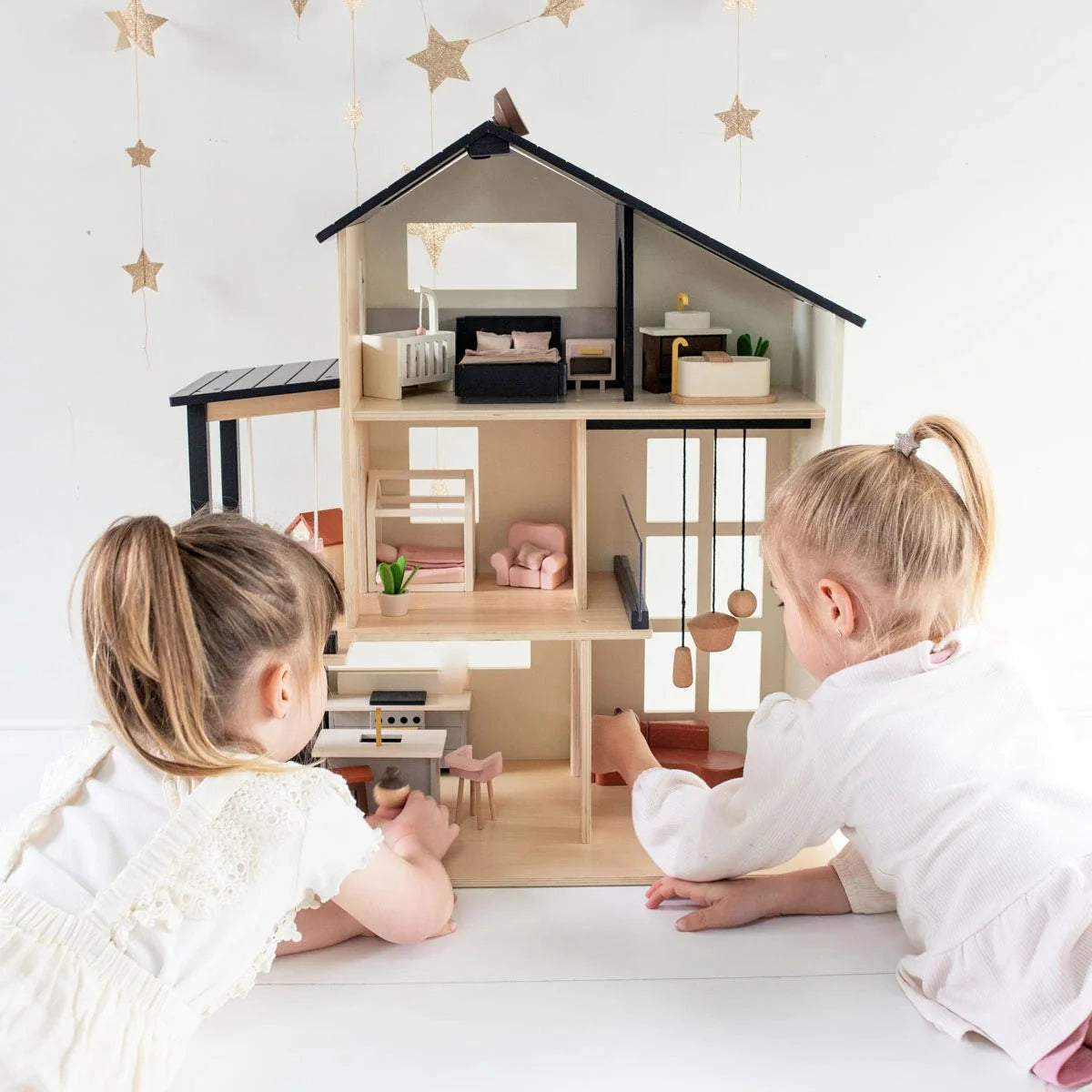 Tiny Land® Sweetwood Edge Modern Family Wooden Dollhouse – Contemporary Design with Furniture & Figures