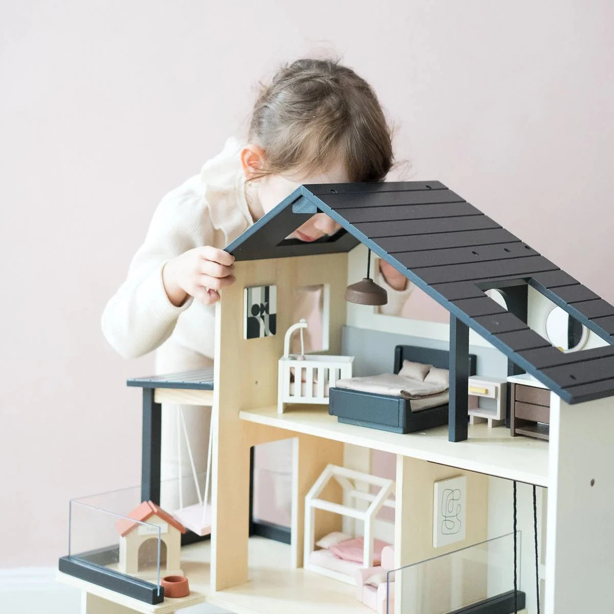 Tiny Land® Sweetwood Edge Modern Family Wooden Dollhouse – Contemporary Design with Furniture & Figures