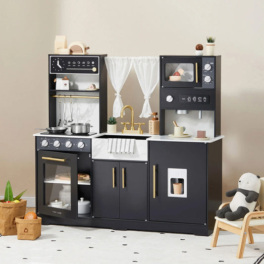 Tiny Land® Deluxe Black Play Kitchen – Wooden Pretend Cooking Set with Faucet, Knobs & Storage