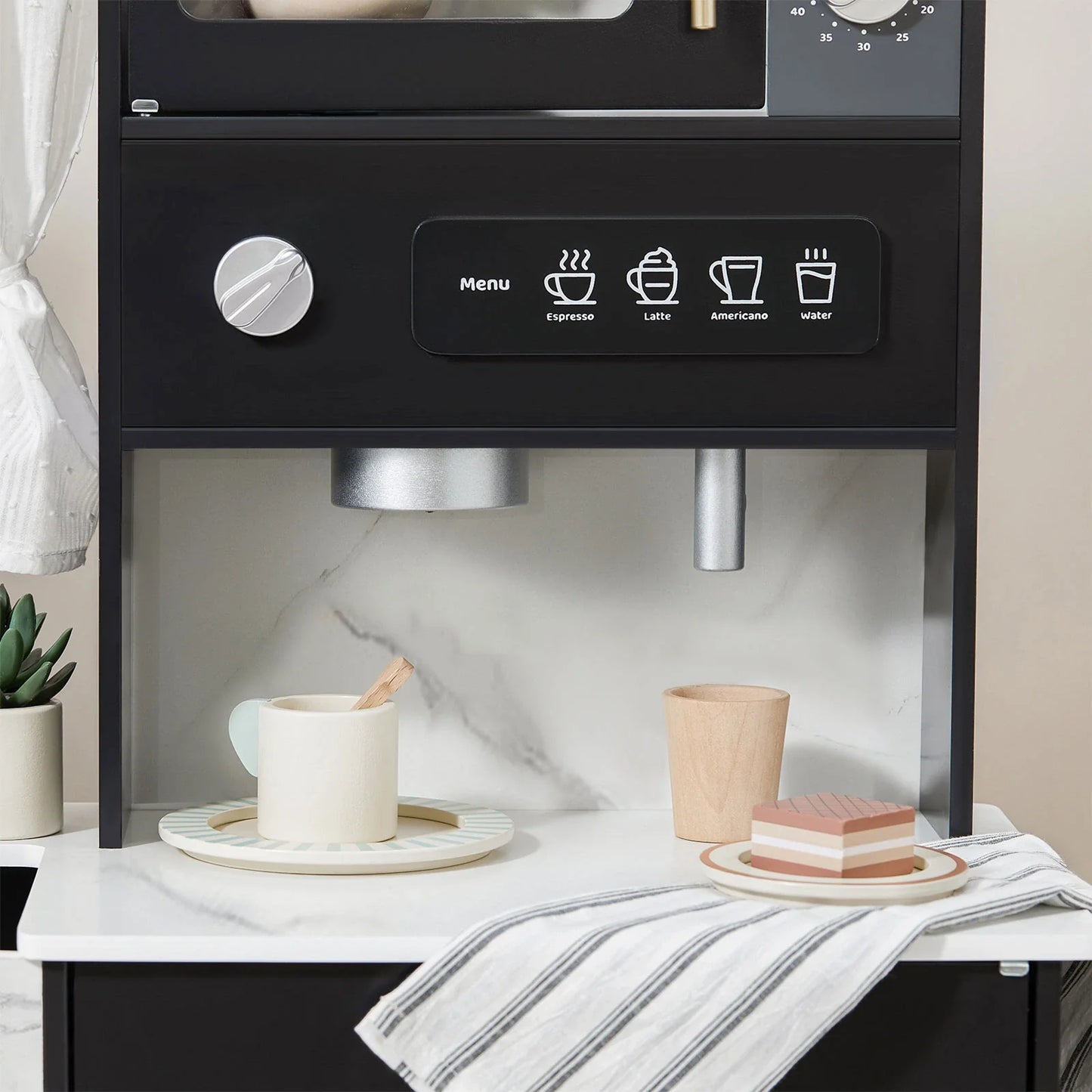 Tiny Land® Deluxe Black Play Kitchen – Wooden Pretend Cooking Set with Faucet, Knobs & Storage