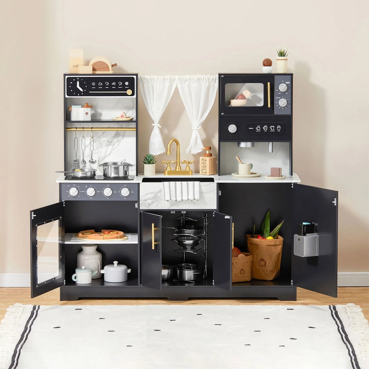Tiny Land® Deluxe Black Play Kitchen – Wooden Pretend Cooking Set with Faucet, Knobs & Storage