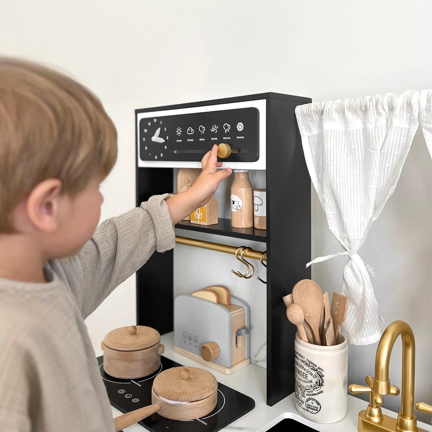 Tiny Land® Deluxe Black Play Kitchen – Wooden Pretend Cooking Set with Faucet, Knobs & Storage