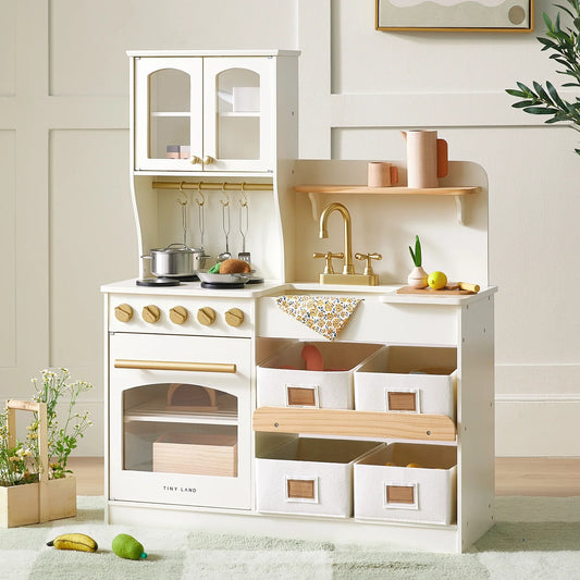 Tiny Land® Multifunctional Storage Play Kitchen in Creamy White – Pretend Cooking Set with Cupboards, Stove & Sink