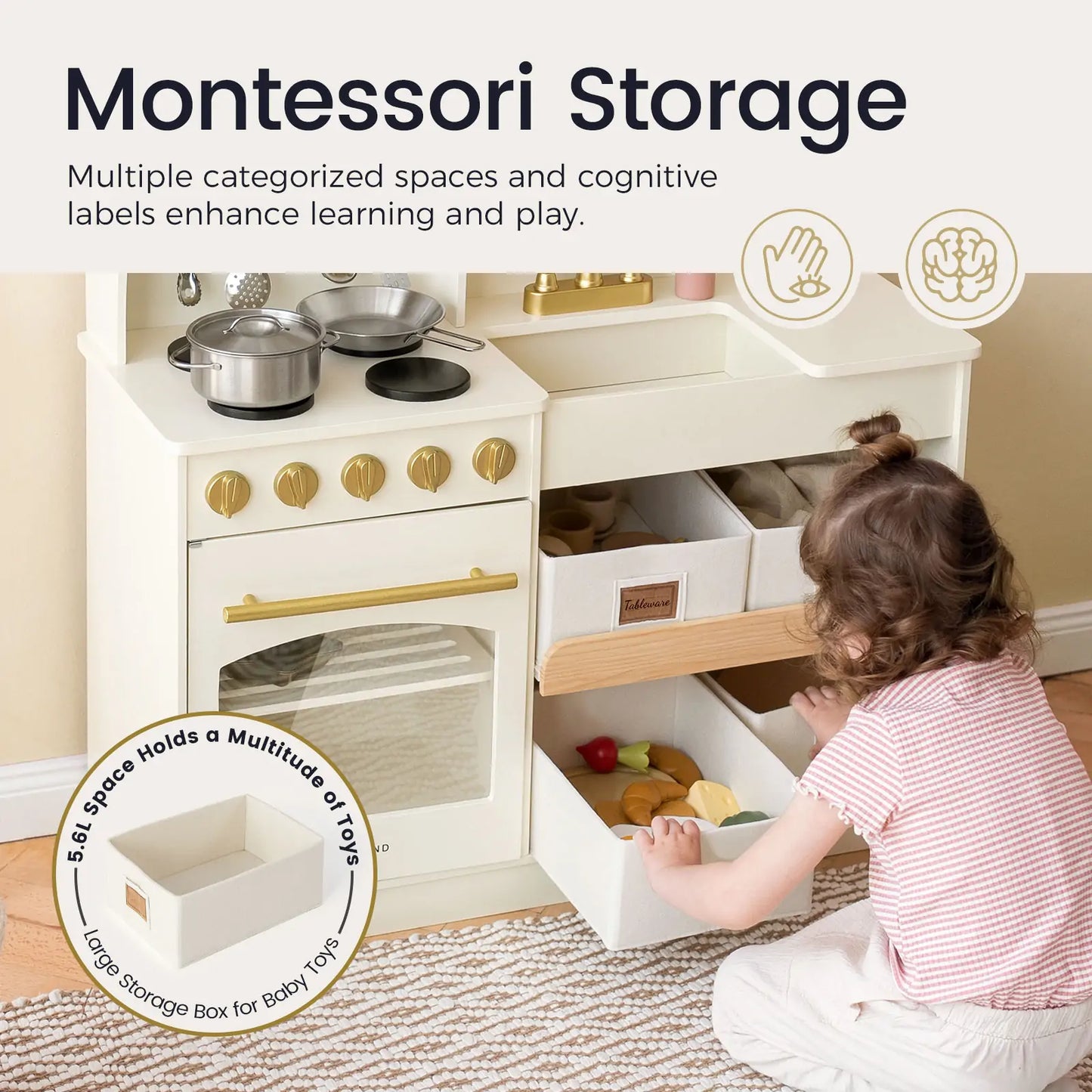Tiny Land® Multifunctional Storage Play Kitchen in Creamy White – Pretend Cooking Set with Cupboards, Stove & Sink