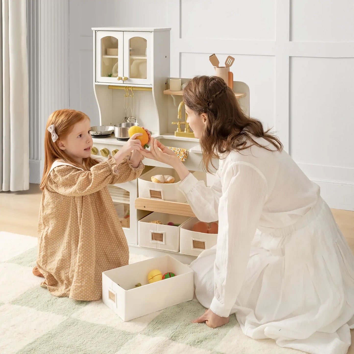 Tiny Land® Multifunctional Storage Play Kitchen in Creamy White – Pretend Cooking Set with Cupboards, Stove & Sink