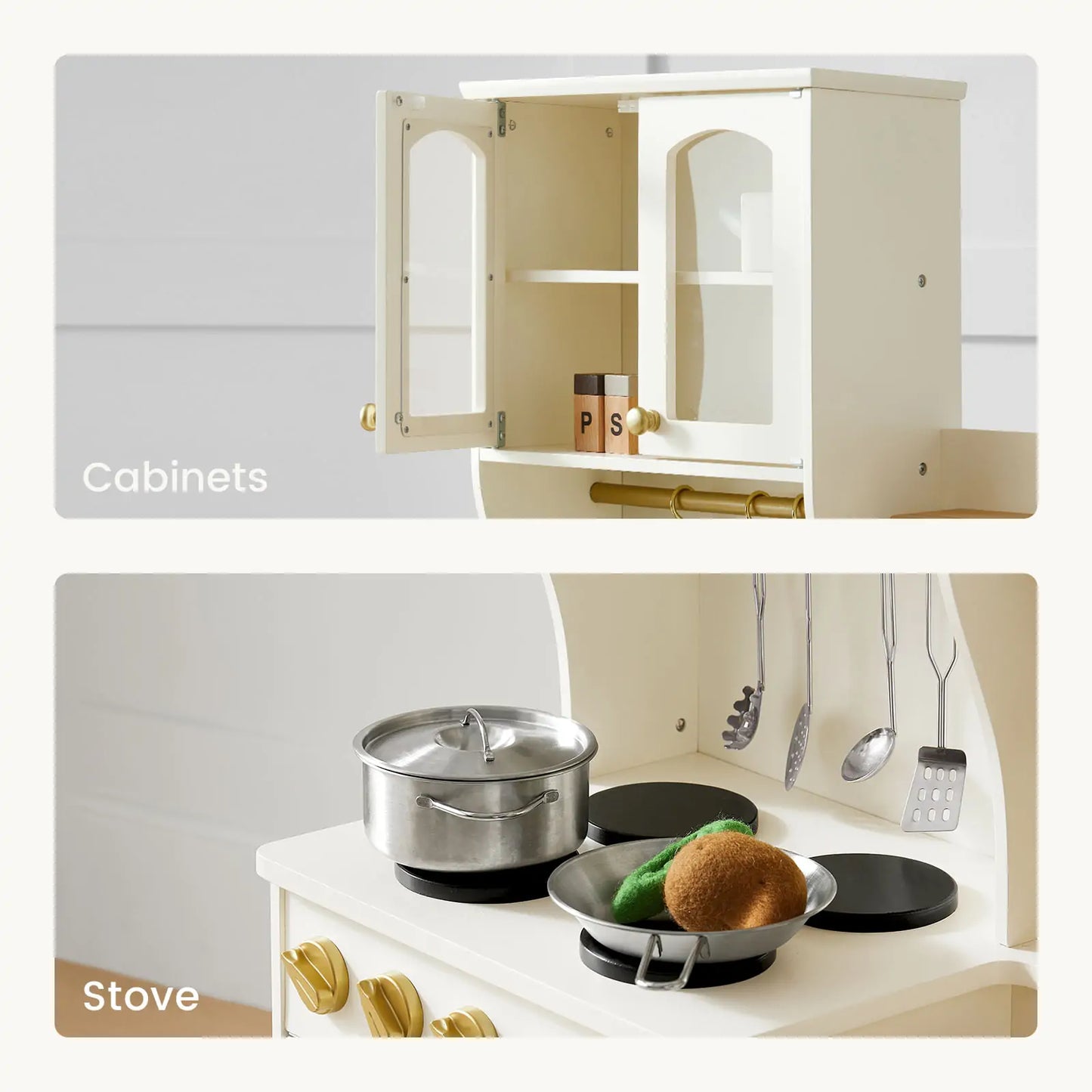 Tiny Land® Multifunctional Storage Play Kitchen in Creamy White – Pretend Cooking Set with Cupboards, Stove & Sink