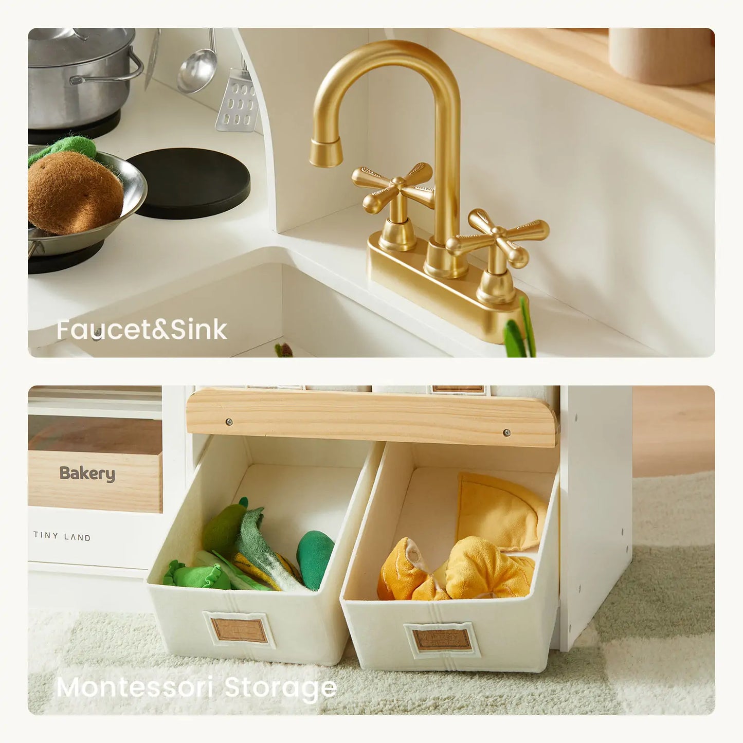 Tiny Land® Multifunctional Storage Play Kitchen in Creamy White – Pretend Cooking Set with Cupboards, Stove & Sink