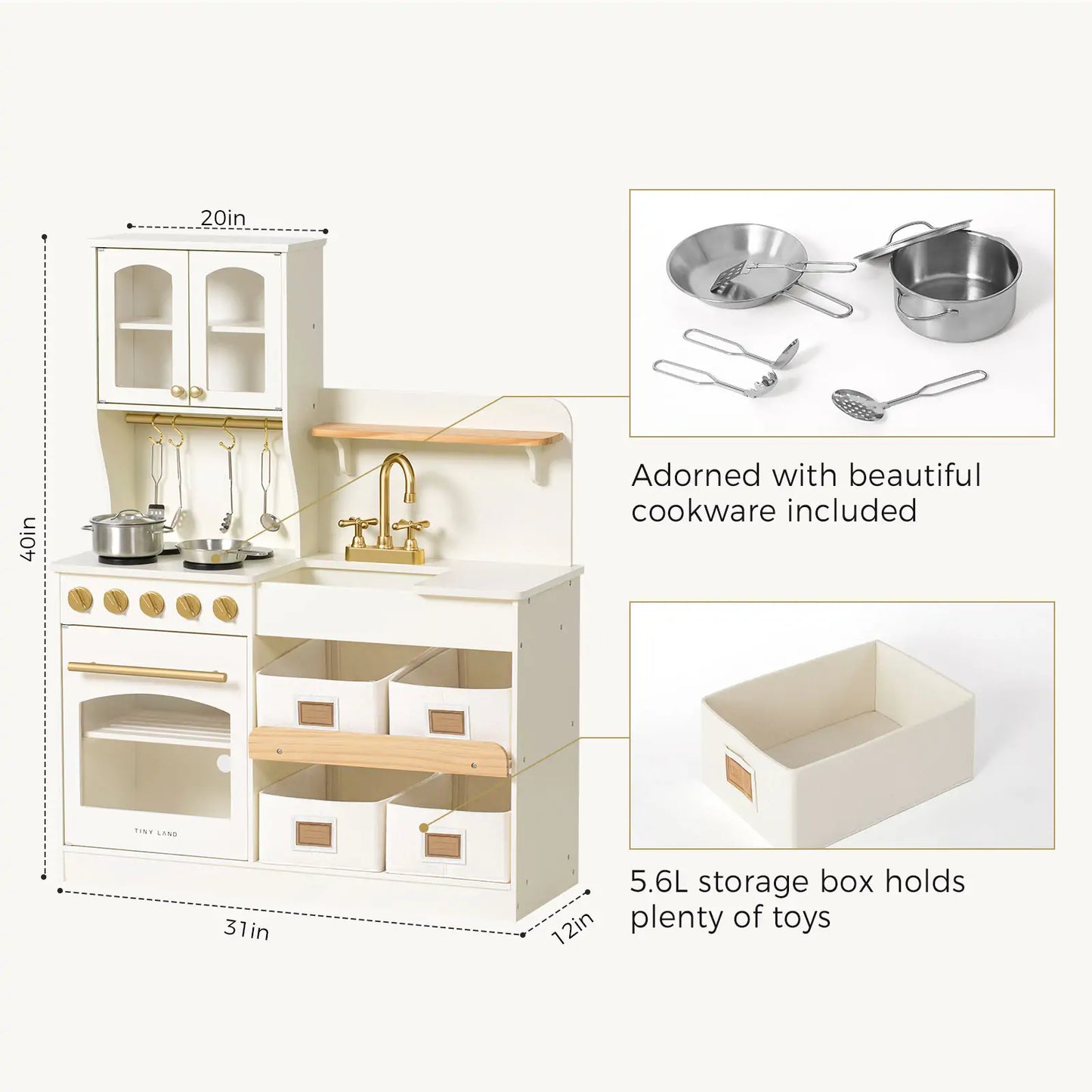Tiny Land® Multifunctional Storage Play Kitchen in Creamy White – Pretend Cooking Set with Cupboards, Stove & Sink