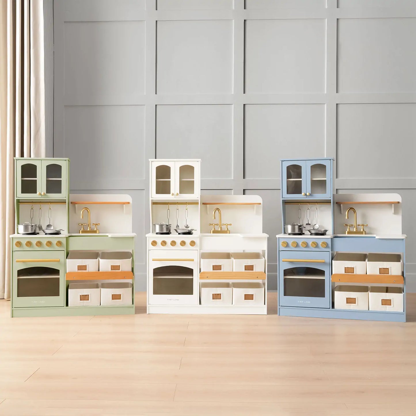 Tiny Land® Multifunctional Storage Play Kitchen in Creamy White – Pretend Cooking Set with Cupboards, Stove & Sink