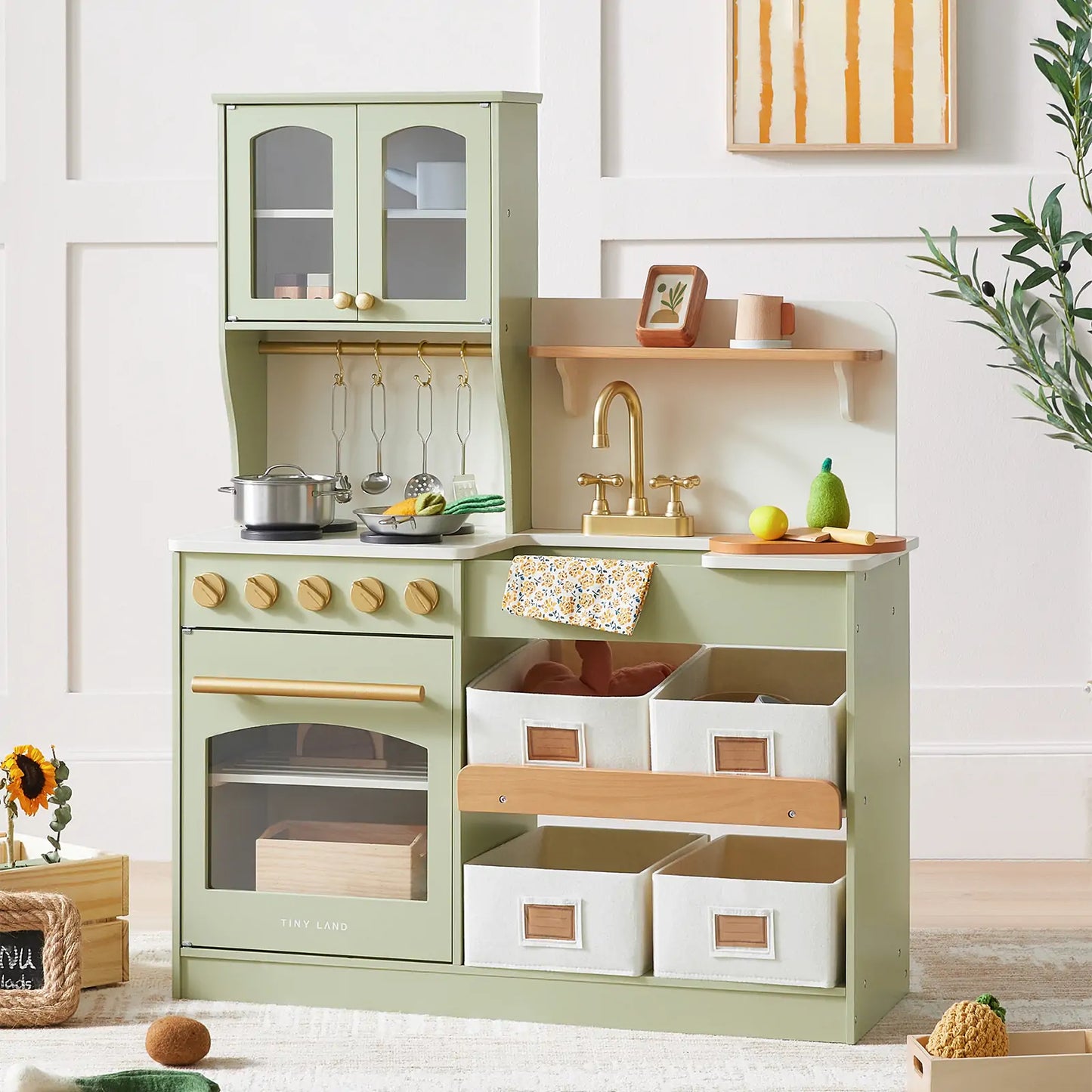 Tiny Land® Multifunctional Storage Play Kitchen in Sage Green – Pretend Cooking Set with Cupboards, Stove & Sink