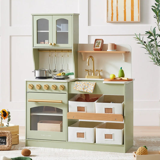 Tiny Land® Multifunctional Storage Play Kitchen in Sage Green – Pretend Cooking Set with Cupboards, Stove & Sink