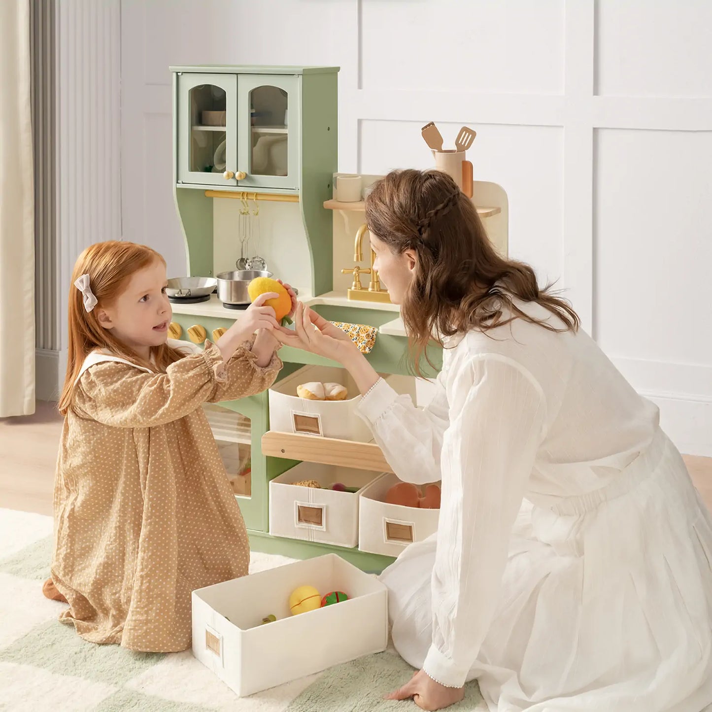 Tiny Land® Multifunctional Storage Play Kitchen in Sage Green – Pretend Cooking Set with Cupboards, Stove & Sink