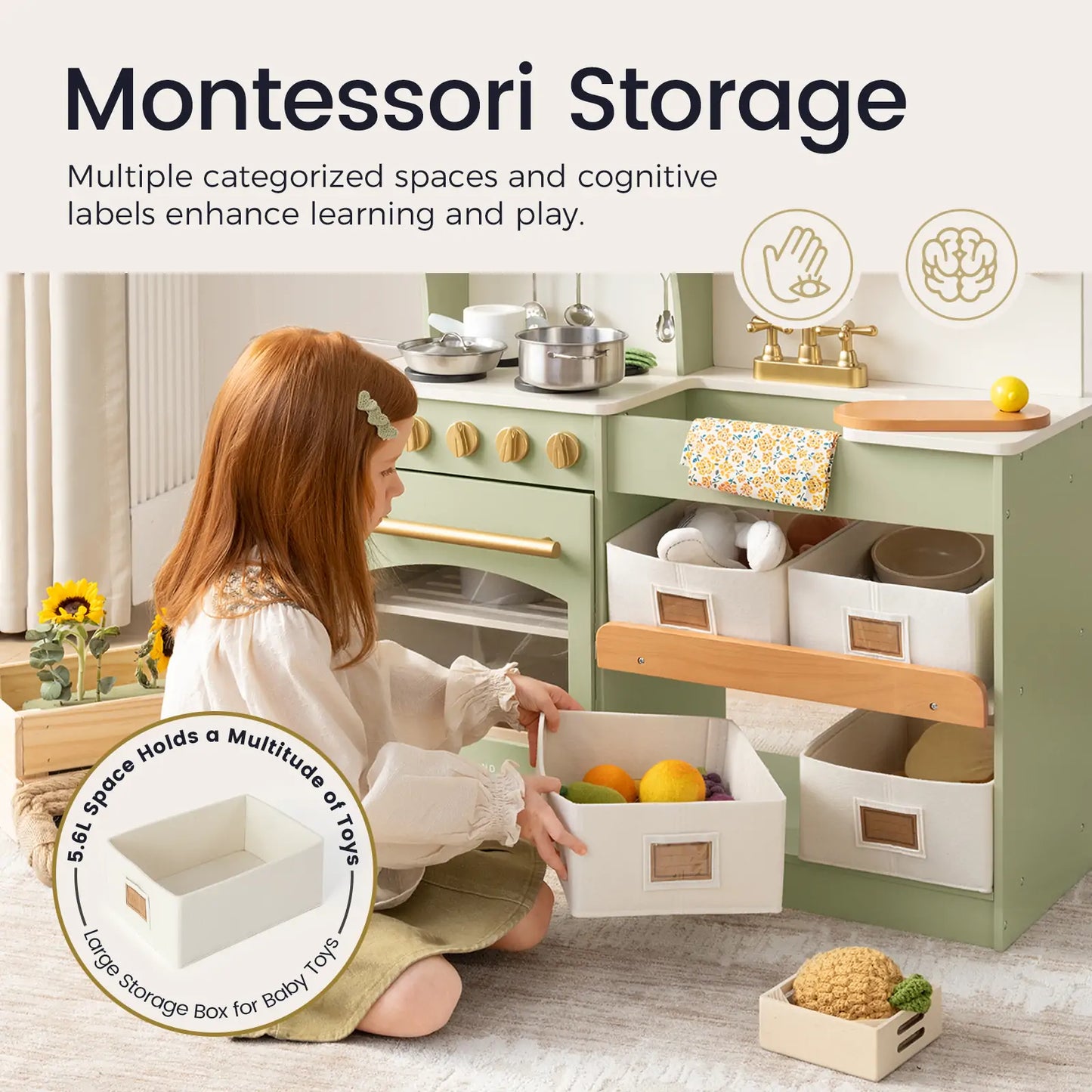 Tiny Land® Multifunctional Storage Play Kitchen in Sage Green – Pretend Cooking Set with Cupboards, Stove & Sink